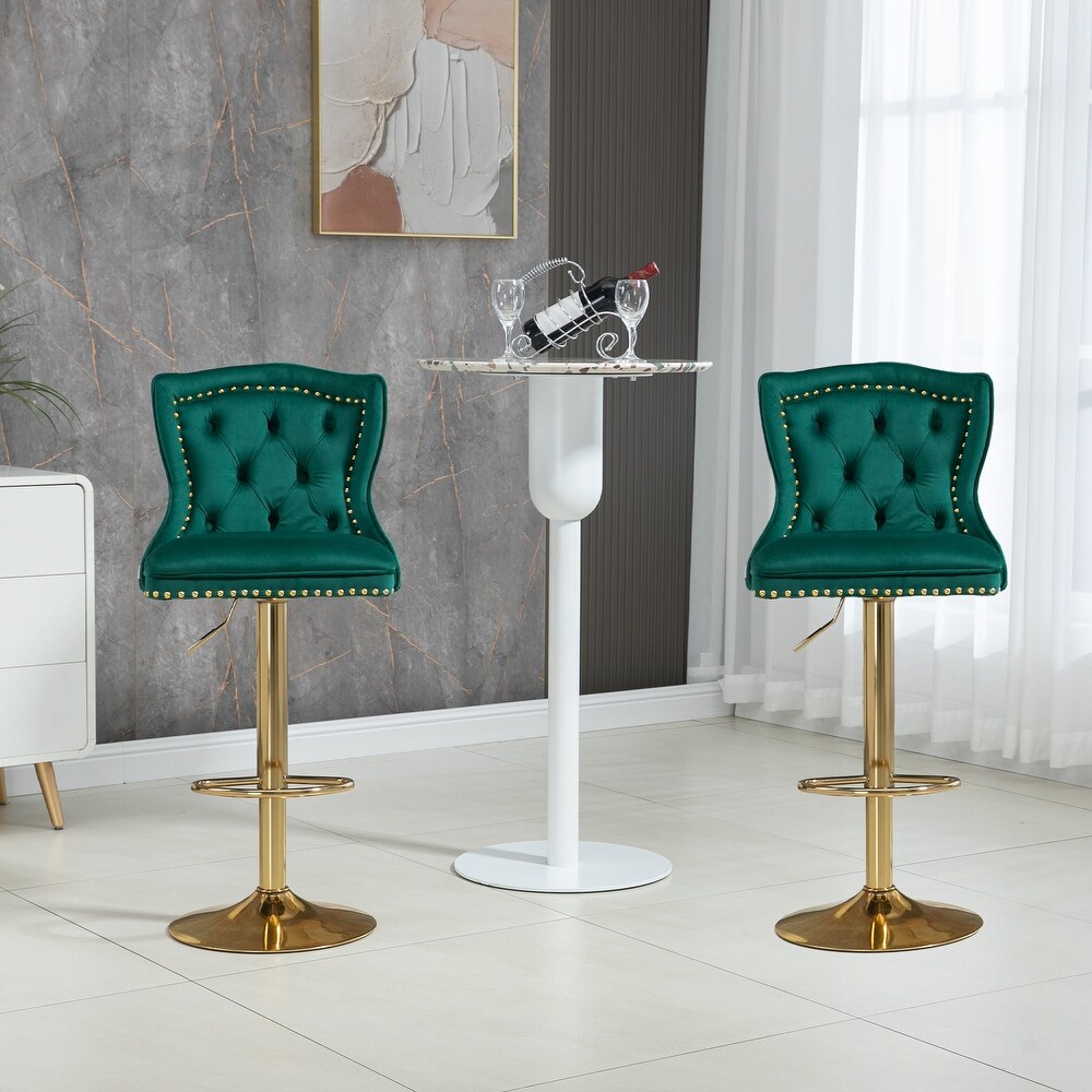 Velvet Upholstered Tufted Swivel Adjustable Height Bar Stools With Golden Footrest(set of 2)