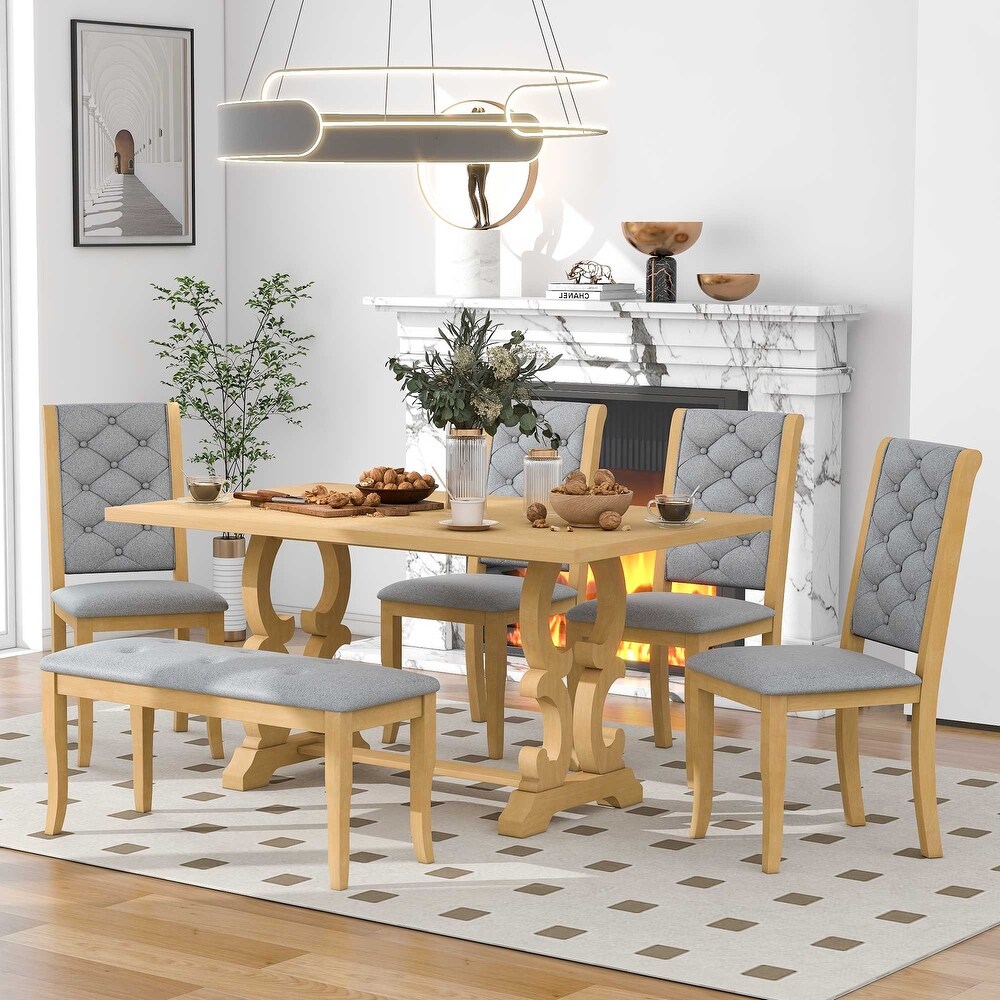 Modern Vintage 6 Piece Dining Set with Rectangular Dining Table and Tufted Dining Chairs   Bench Seating  for Dining Room