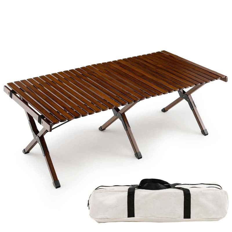 Folding Camping Table Portable Picnic Table with Carry Bag, Roll-up Bamboo Tabletop for BBQ Party Hiking