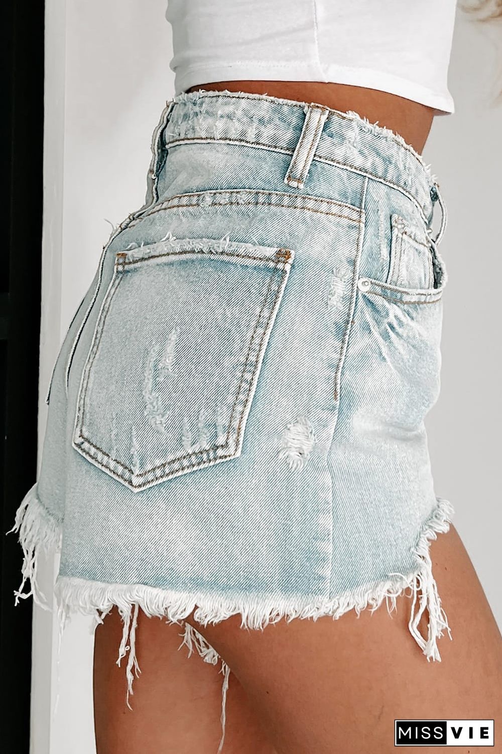 Sky Blue Distressed Raw Hem High Waist Denim Shorts