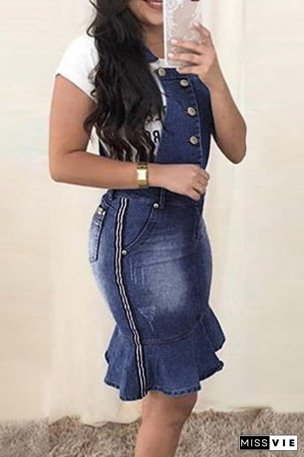 Slim-fit Buttocks Denim Suspender Dress P14863