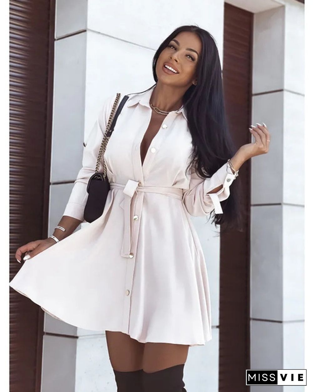 Turn-down Collar Long Sleeves Buttons Shirt Dress Women Fashion Collect Waist A Line Dress Elegant Ladies Dresses