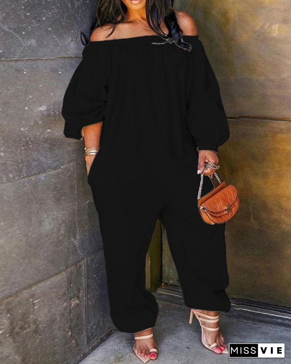 Off Shoulder Solid Lantern Sleeve Jumpsuit