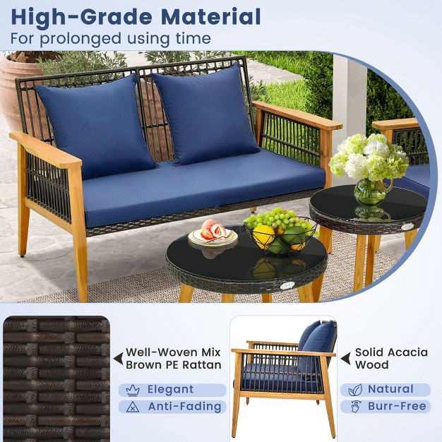 Costway 5pcs Outdoor Rattan Woven Conversation Set Stable Acacia Wood Frame For Backyard Navy beige