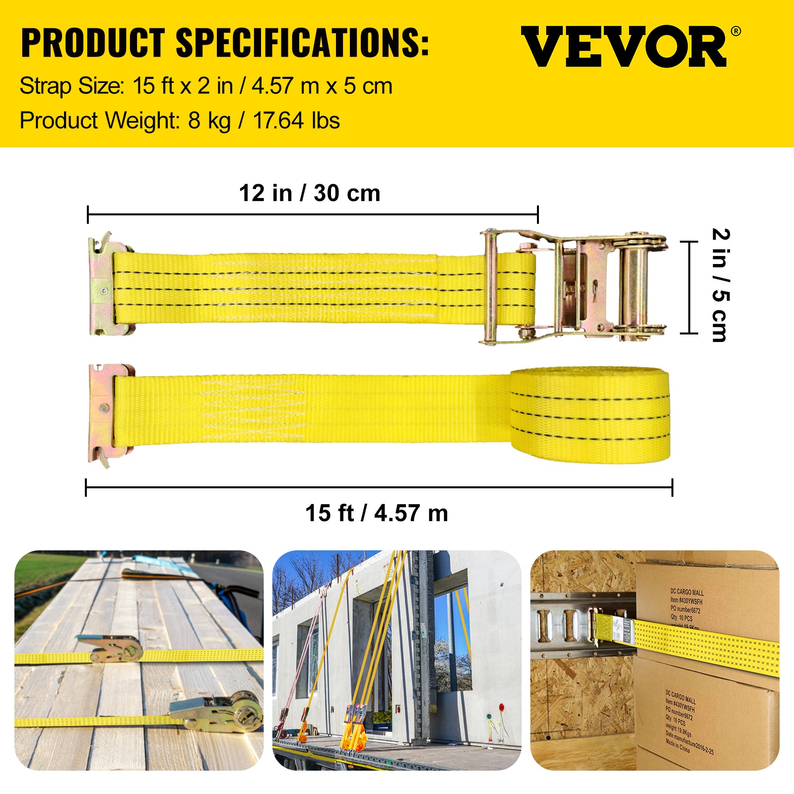 VEVOR E-Track Ratchet Strap, 8 Pack 2" x 15' E Track Straps 4400 lbs Breaking Strength, w/ Polyester Webbing & Spring Fitting & Ratchets, Durable Tie-Downs for Motorcycles, Tire, Trailer Loads