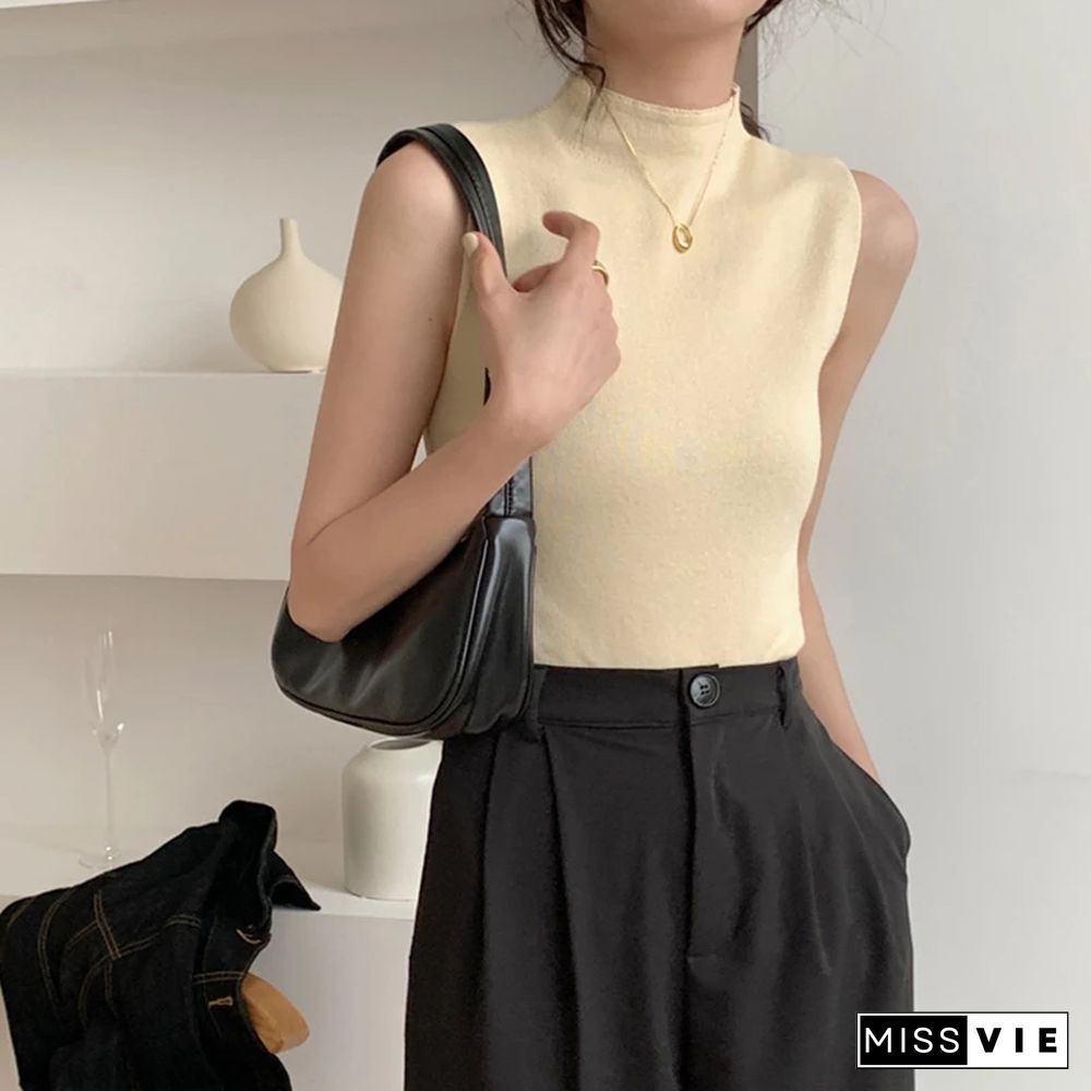 Sexy Knitted Top Summer Turtleneck Tank Top Women Camisole Blouse Sleeveless Slim Top Female Sleveless T-shirt Vest Casual Cami