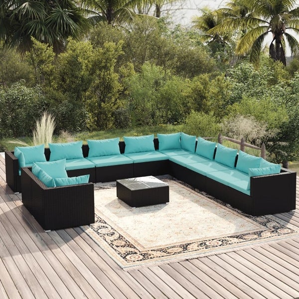 12 Piece Patio Lounge Set with Cushions Black Poly Rattan - Overstock - 37573850