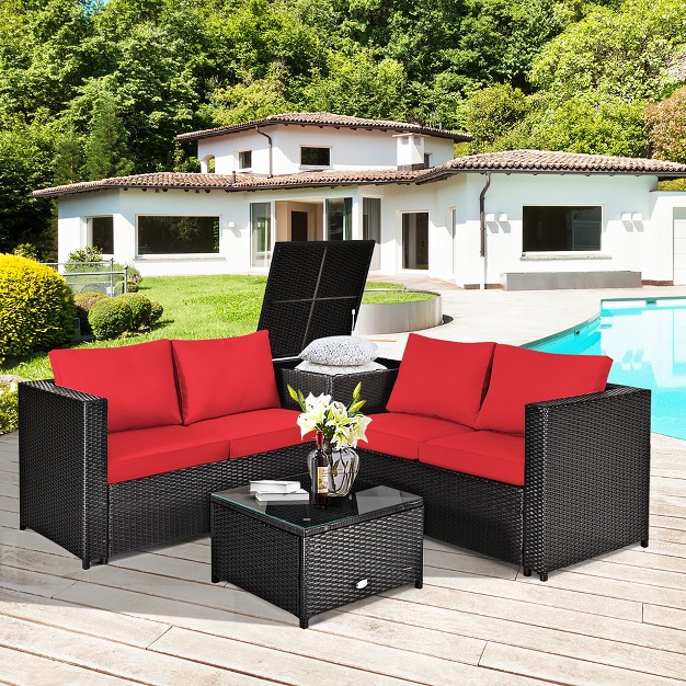 Costway 8pcs Outdoor Patio Rattan Furniture Set Cushioned Loveseat Storage Table Red navy