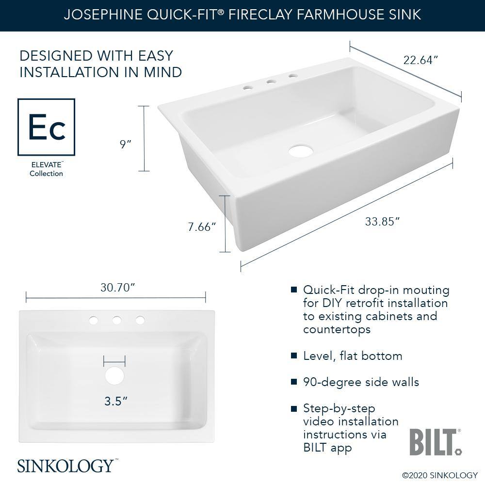 SINKOLOGY Josephine 34 in. 3-Hole Quick-Fit Drop-In Farmhouse Single Bowl Crisp White Fireclay Kitchen Sink SK450-34FC