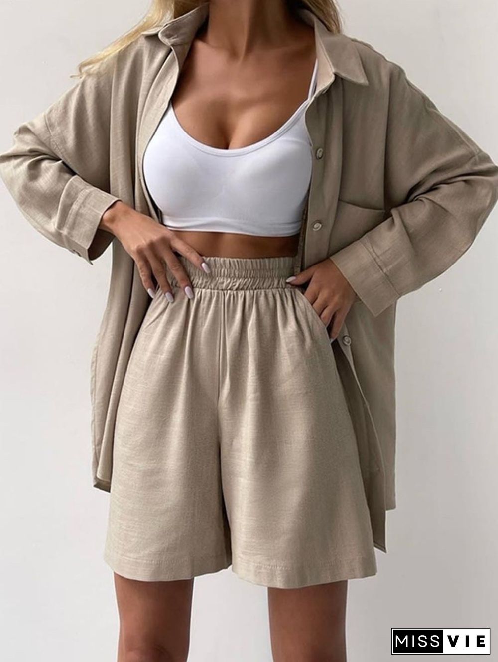 Fashion Solid Color Long Sleeves Shirt Loose Shorts Suit