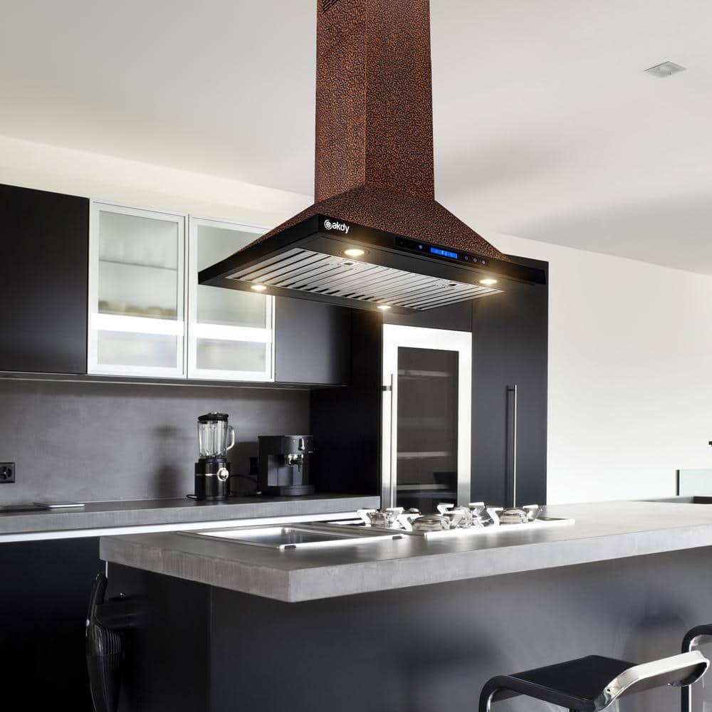 AKDY 30 in 343 CFM Convertible Island Mount Range Hood with LED Lights and Touch Panel in Embossed Copper