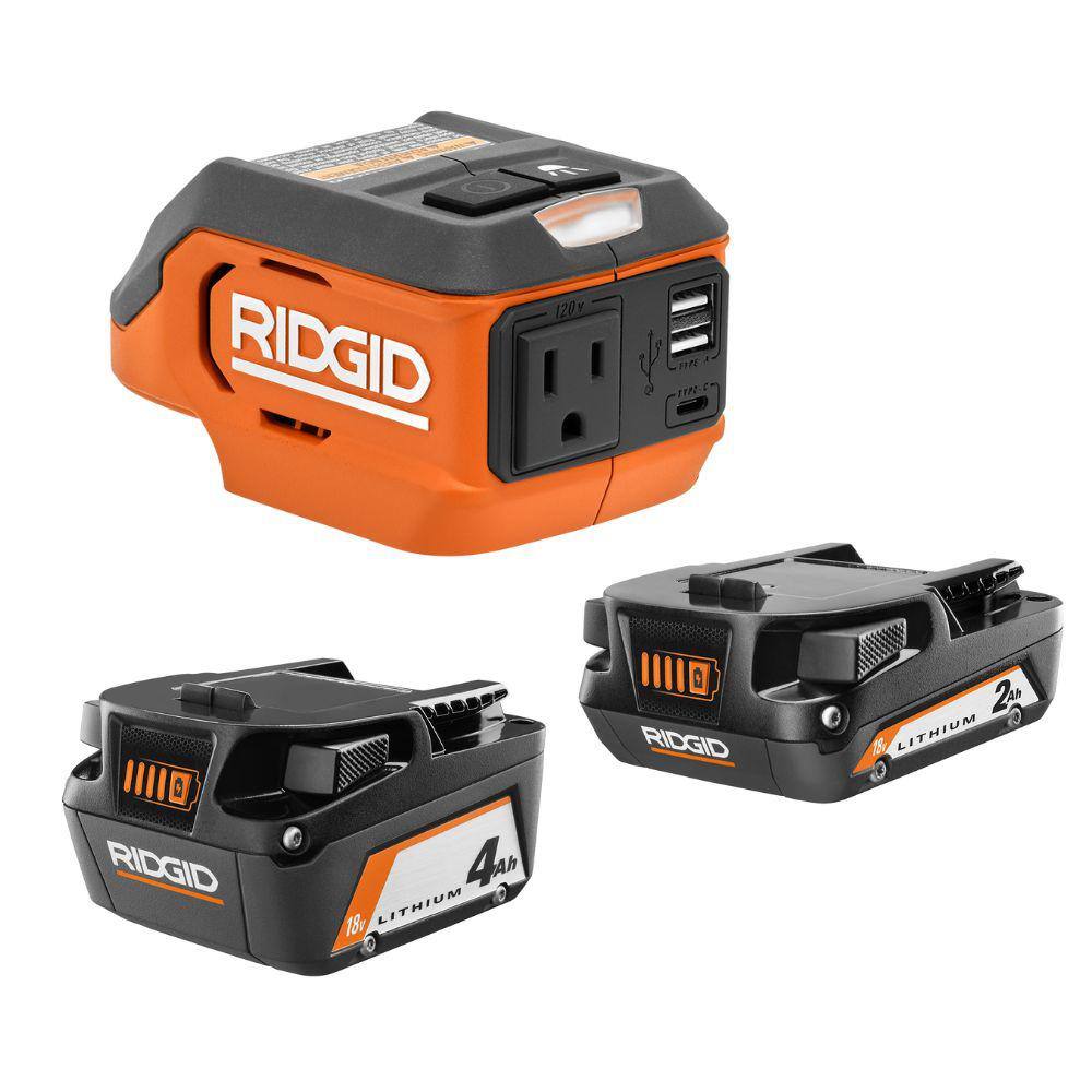 RIDGID 18V Lithium-Ion 4.0 Ah Battery and 2.0 Ah Battery with 18V Cordless 175-Watt Power Inverter AC87004-AC8400802-AC86097