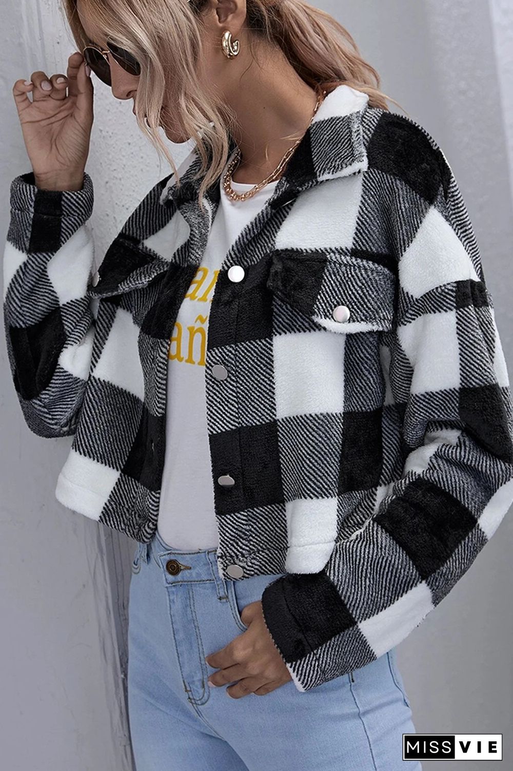 Plaid Print Plush Short Jacket Coat Wholesale