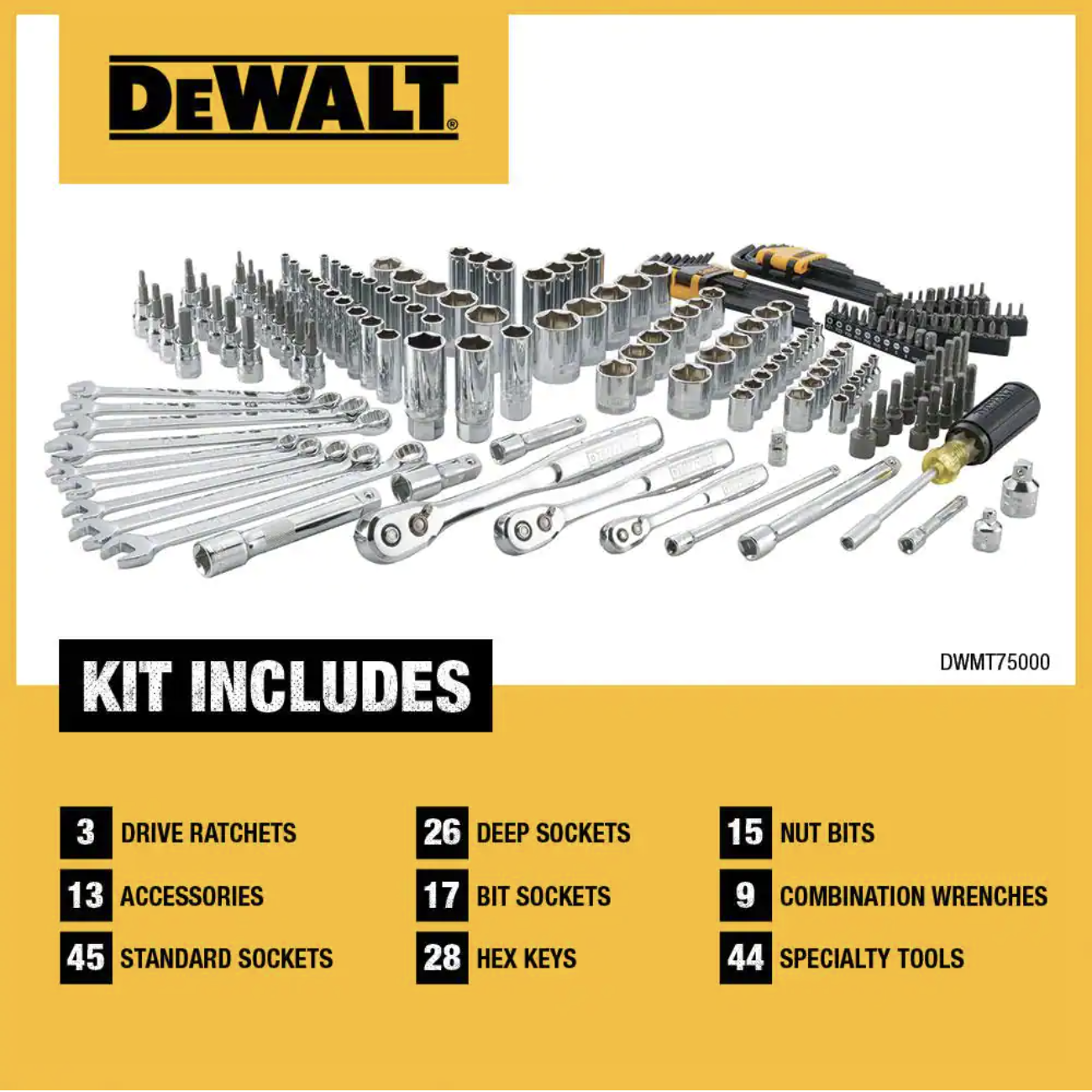 Dewalt 1/4 in.， 3/8 in.， and 1/2 in. Drive Polished Chrome Mechanics Tool Set (200-Piece)