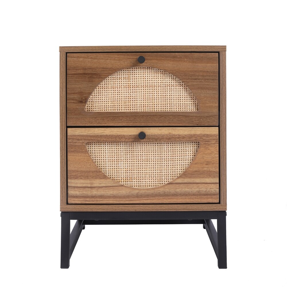 Rattan Nightstand Set of 2 with 2 Natural Rattan Drawer and Metal Legs