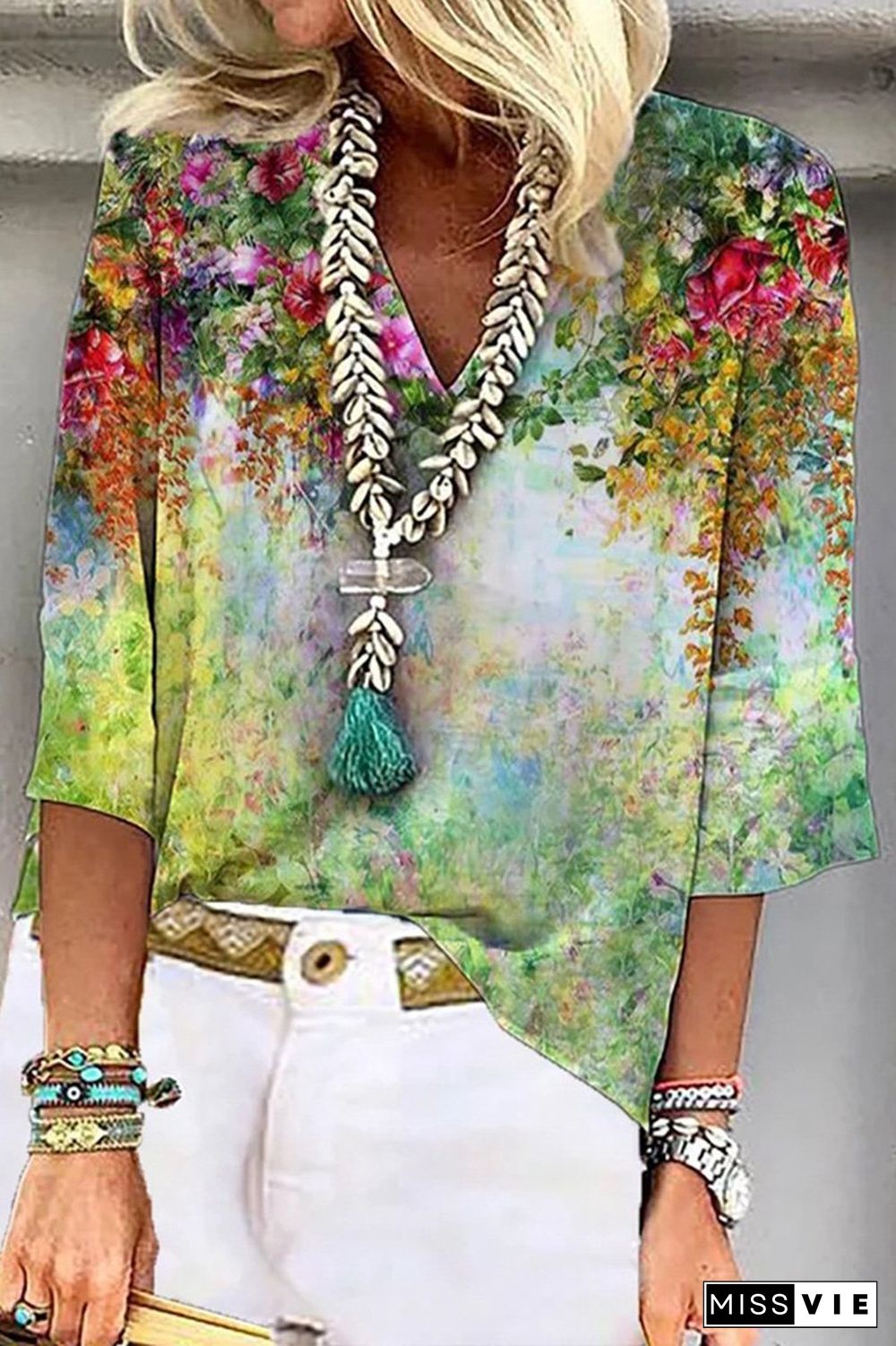 Bohemian V-Neck Printed T-Shirt