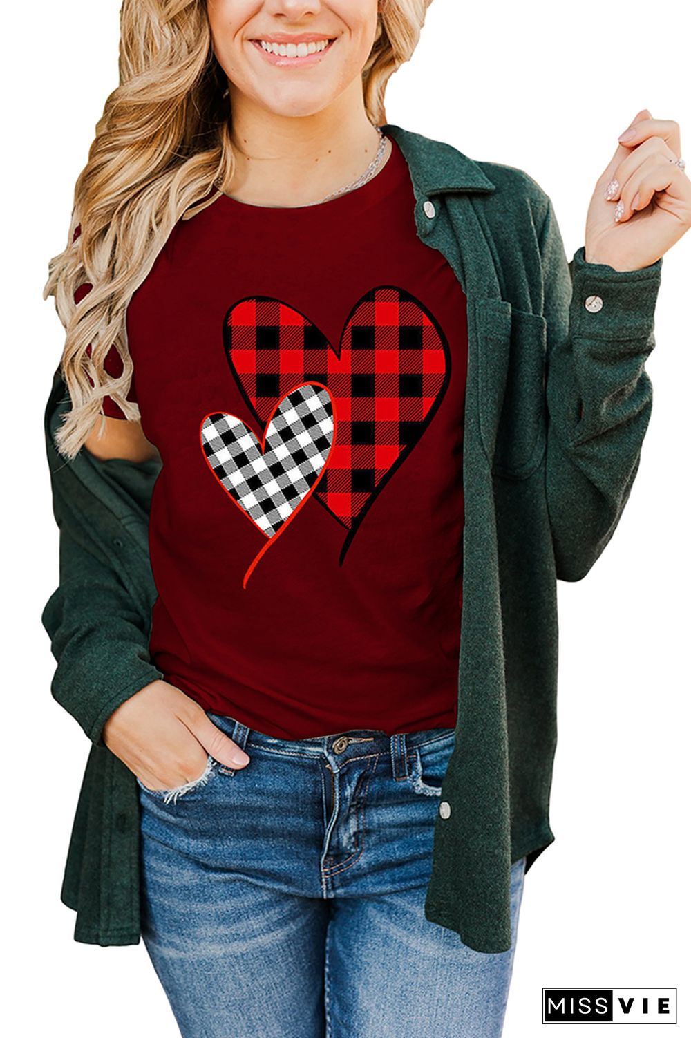 Valentine's Day Plaid Heart Print Short Sleeve Graphic Tee Wholesale