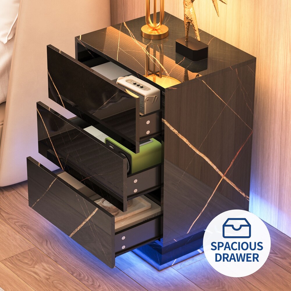 Moasis High Gloss 3 Drawers Nightstand with LED Lights