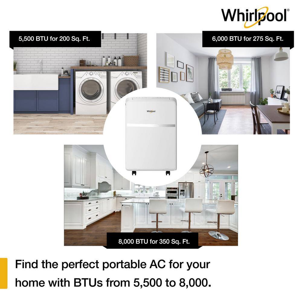 Whirlpool 8000 BTU (5500 BTU DOE) Portable Air Conditioner with Remote Timer Restart Wheels Dehumidifer Fan in White WHAP081BWC