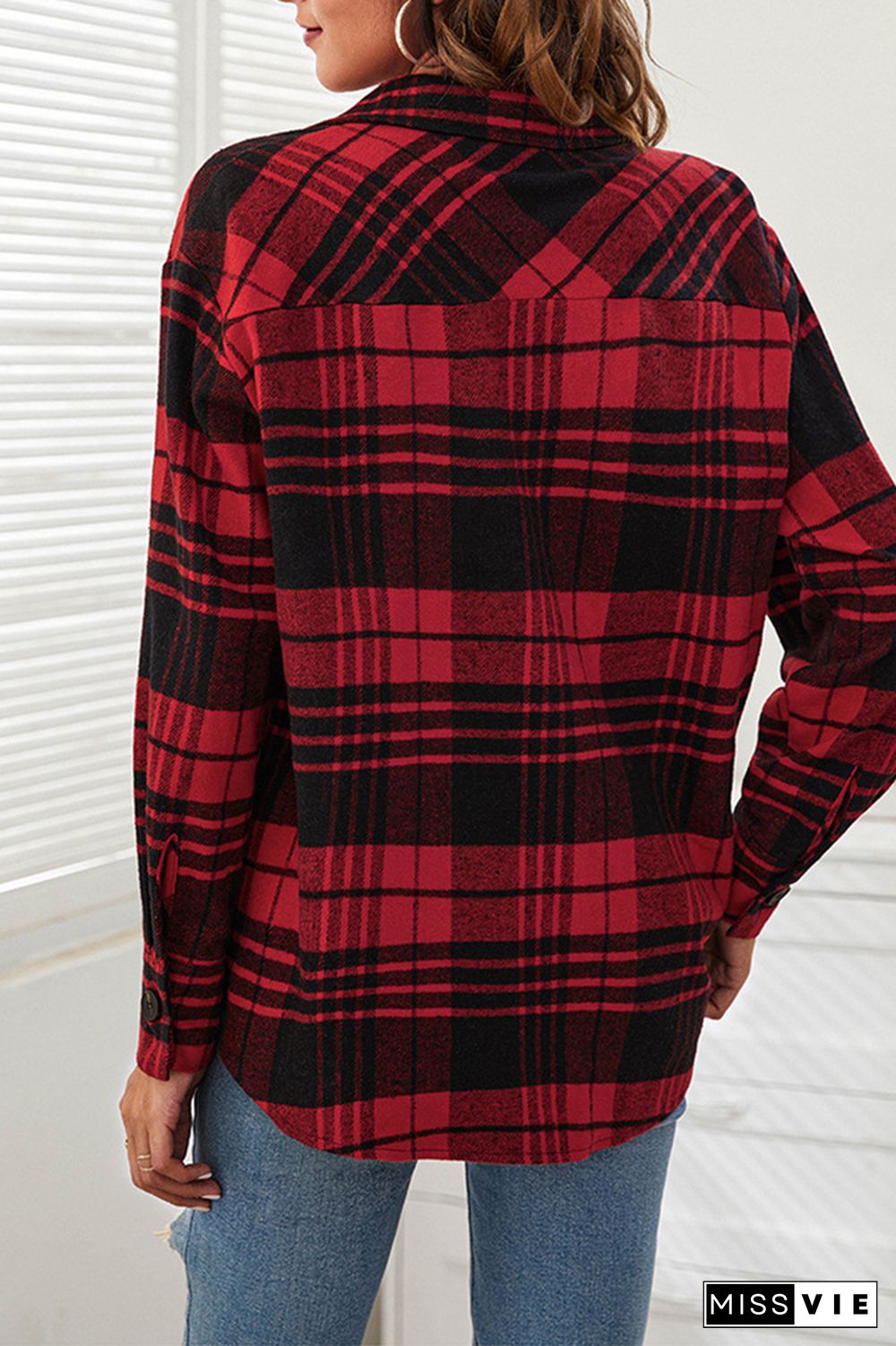 Loose Plaid Turn-down Collar Button Shacket Jacket Wholesale