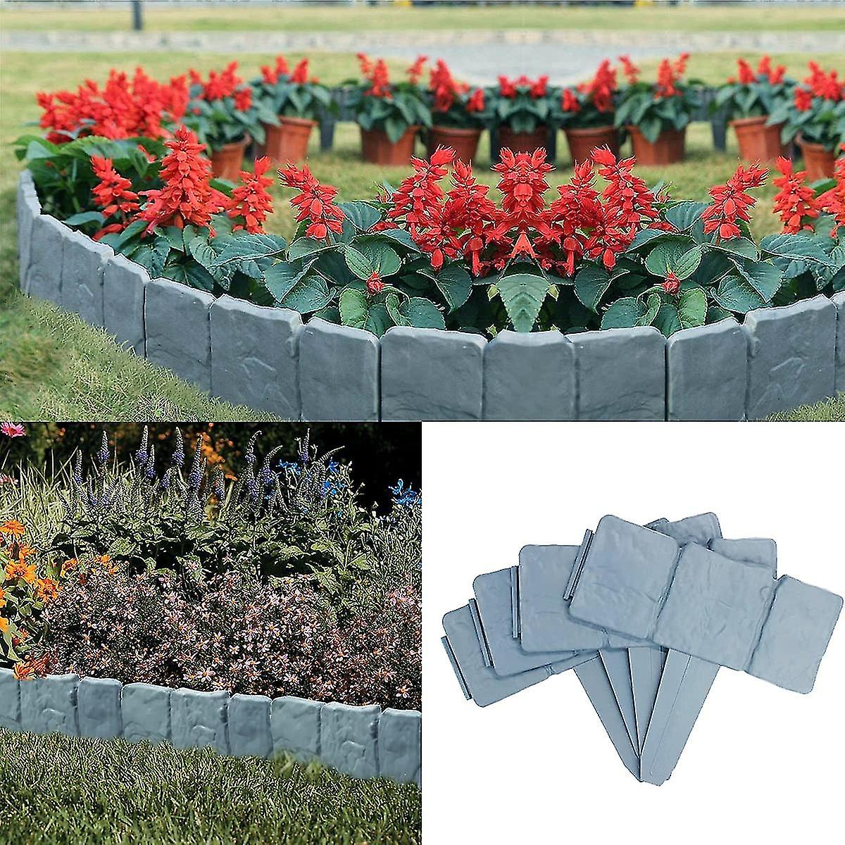 20 Pcs Garden Edging， Garden Lawn Edging Fence Edging Gray Plastic Garden Lawn Edges Palisade Stone Effect Lawn Fenceedging For Garden Lawn