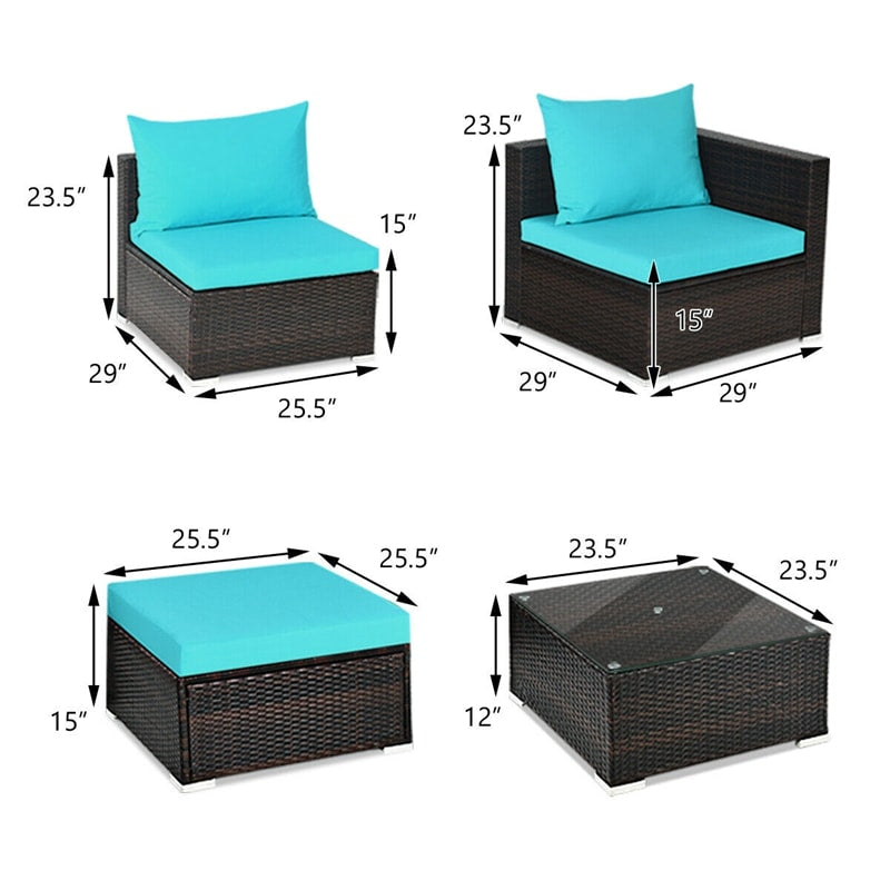 5 Pcs Rattan Wicker Outdoor Patio Sectional Furniture Set with Coffee Table & Cushions