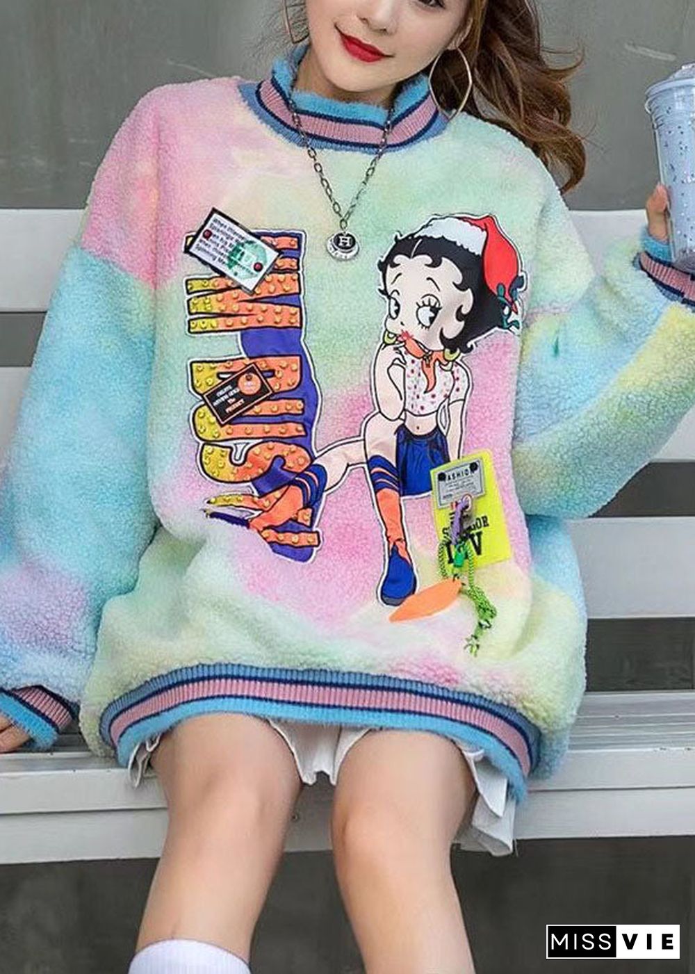 Beautiful Rainbow Turtleneck Print Fall Character Loose Sweatshirts Top