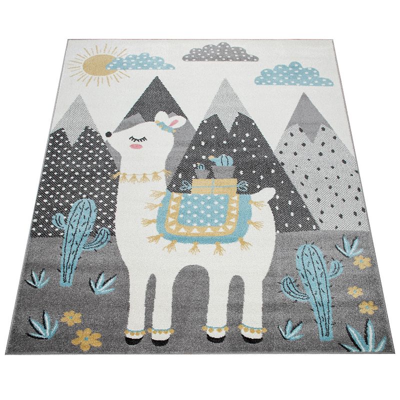 Kids Rug for Nursery Mountains and Llama Motif in Grey Blue Cream