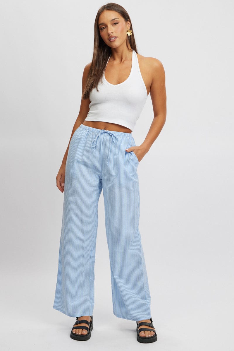 Blue Stripe Wide Leg Pants High Rise