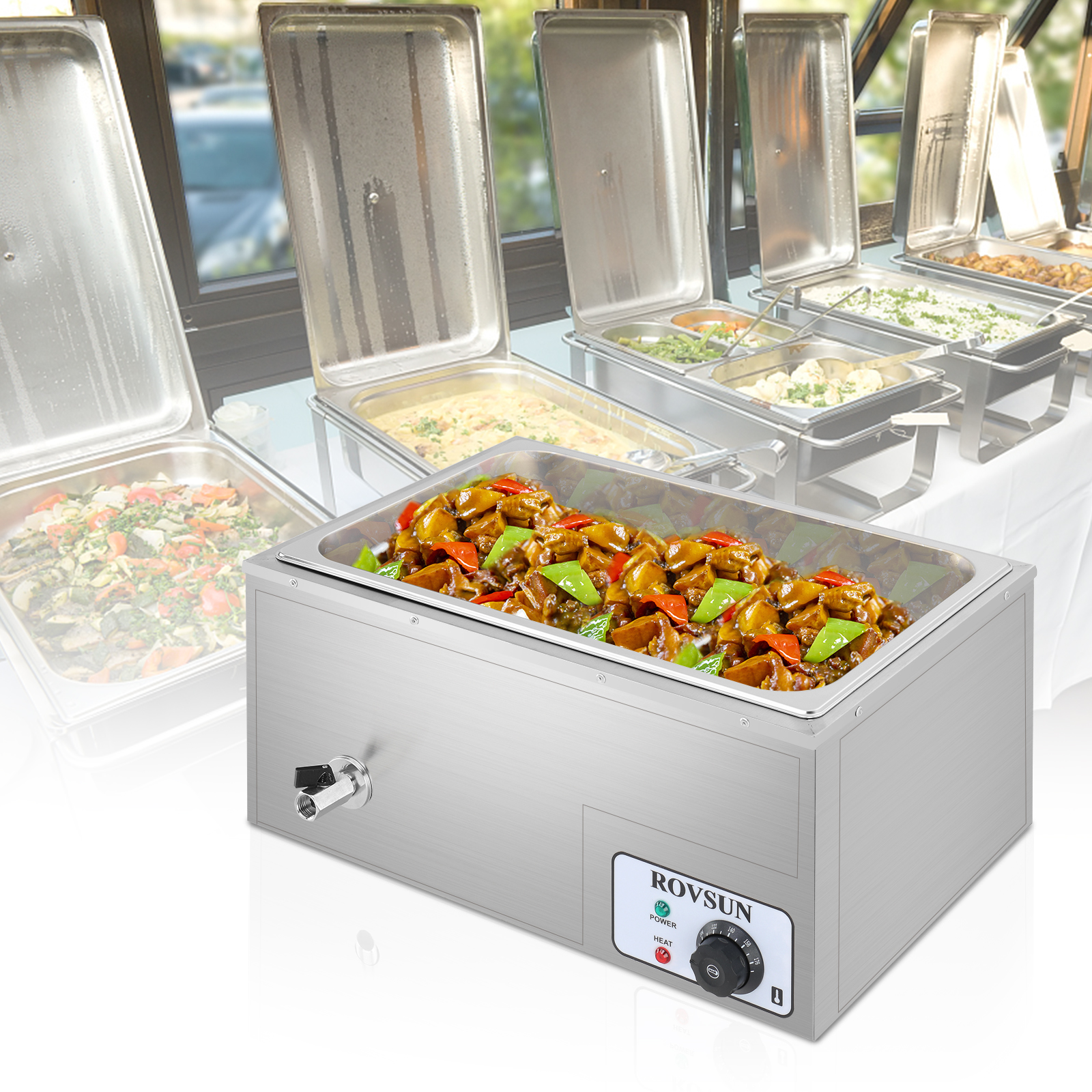 ROVSUN 21QT Electric Commercial Food Warmer， Full Pan Stainless Steel Bain Marie Buffet Countertop w/ Temperature Control and Lid