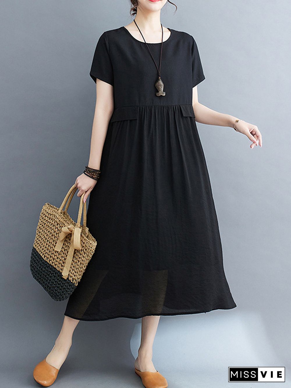 Loose Short Sleeves Gauze Solid Color Split-Joint Round-Neck Midi Dresses