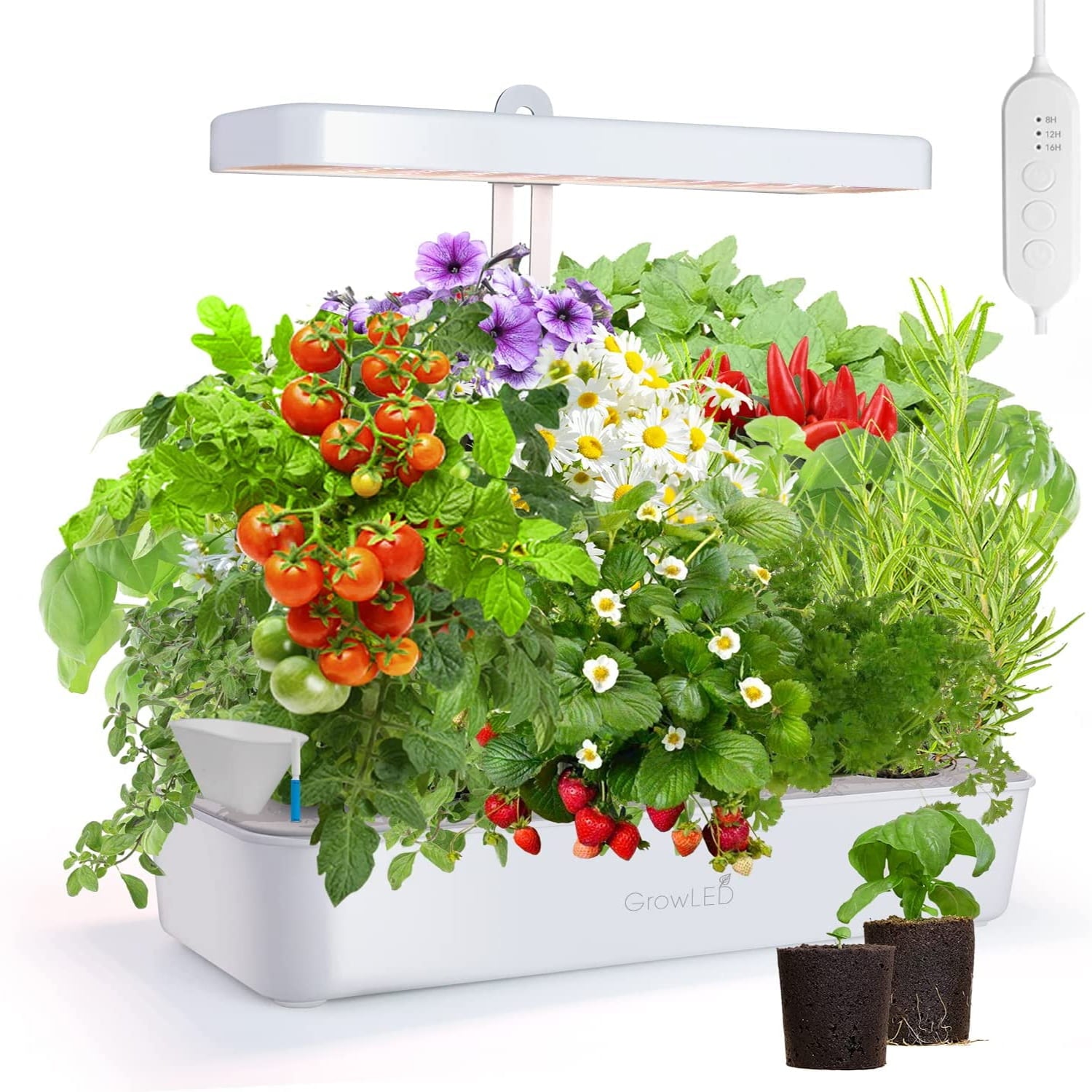 GrowLED 10-Pod Hydroponic Growing System， Height Adjustable Indoor Herb Garden， Nutrients Pre-Set Smart Soils Included， Automatic Timer， White (No Seeds)