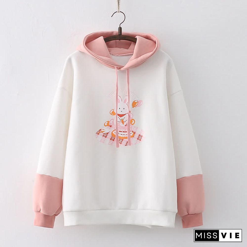 Cartoon Bunny Duck Print Colorblock Plush Hoodie