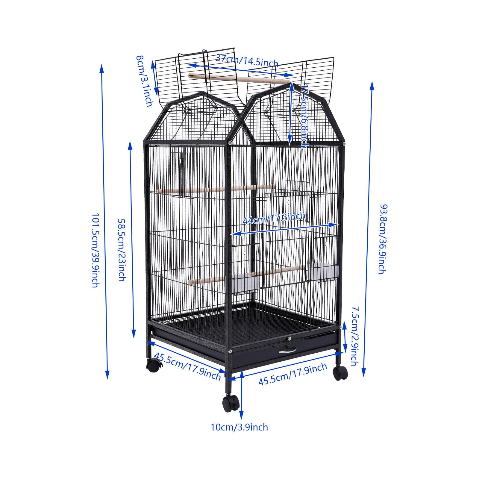 Miumaeov Black Iron Parakeet Bird Cage with Stand Metal Panorama Pet Bird Flight Cages with Wheels Feeding Cups and Standing Poles