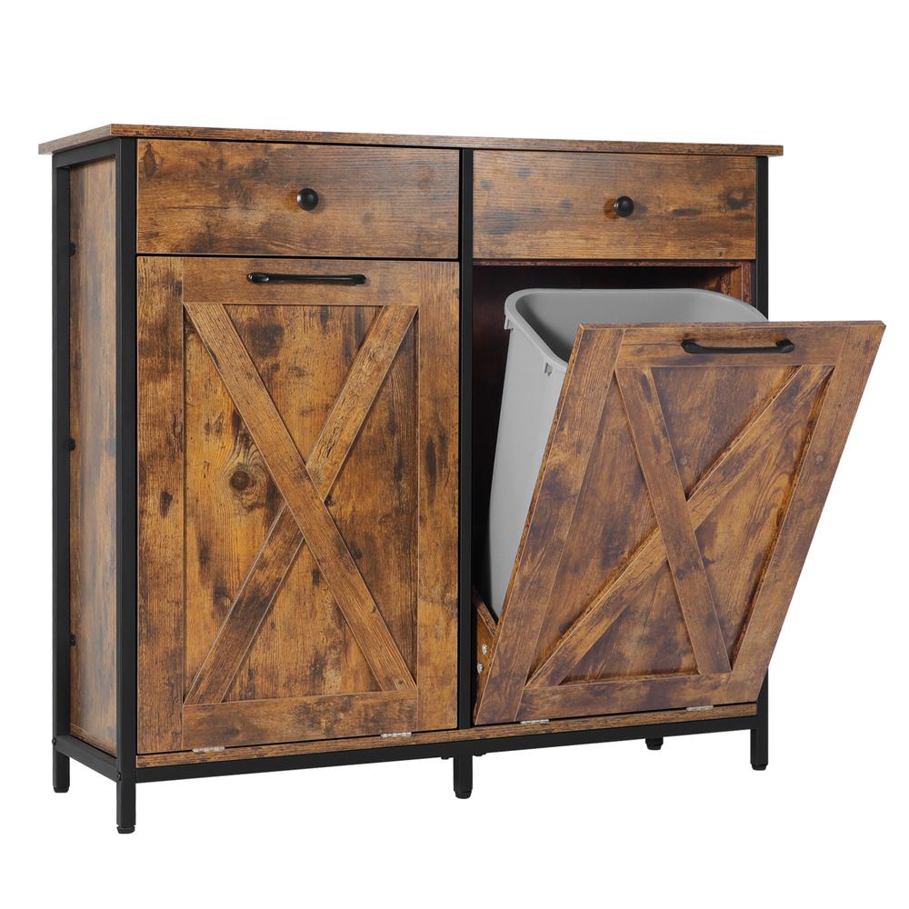 Eclife 39.4 Double Style Tilt Out Trash Cabinet Dual Rustic Wooden Kitchen Trash Cabinet with Barn Door and Solid Hideaway Drawer