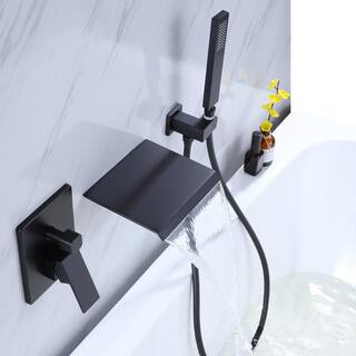 WELLFOR Single-Handle Wall Mount Roman Tub Faucet with Hand Shower and Waterfall Spout in Matte Black (Valve Included) CR-P-WM-2W02MB