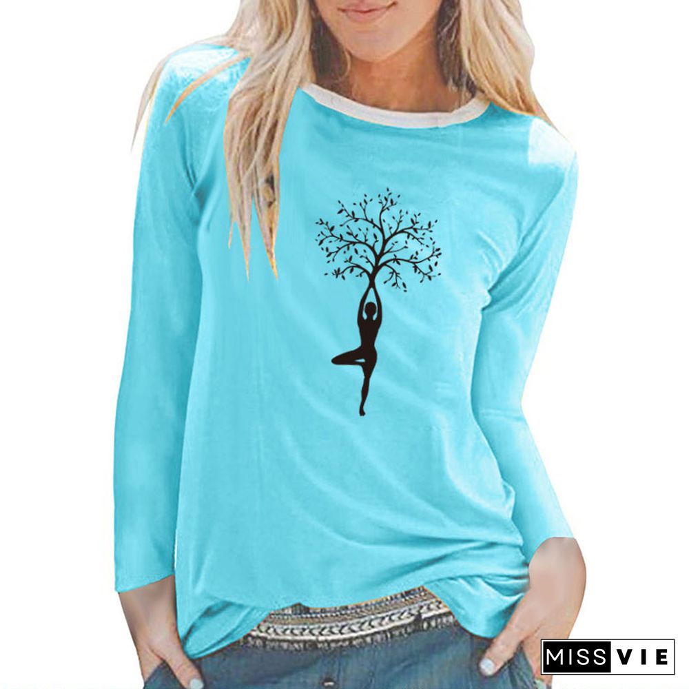 Lady Tree Print Long Sleeve T-shirts Women Autumn Winter ShirtsFor Women Cotton Graphic Tees Aesthetic White O Neck Tops Female