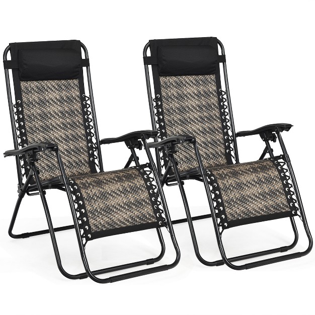 Tangkula Grey Folding Recliner 2pcs Patio Rattan Zero Gravity Lounge Chair With Headrest