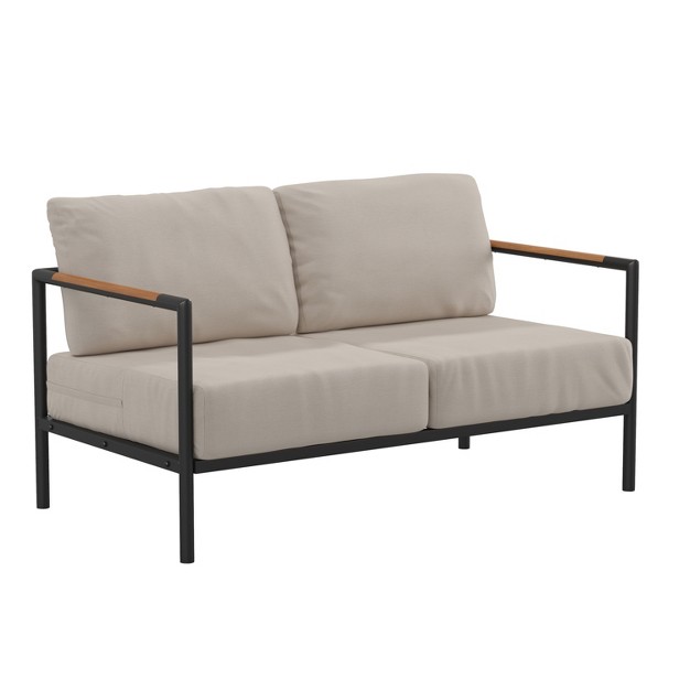 Flash Furniture Indoor outdoor Patio Loveseat With Cushions Modern Aluminum Framed Loveseat With Teak Accent Arms