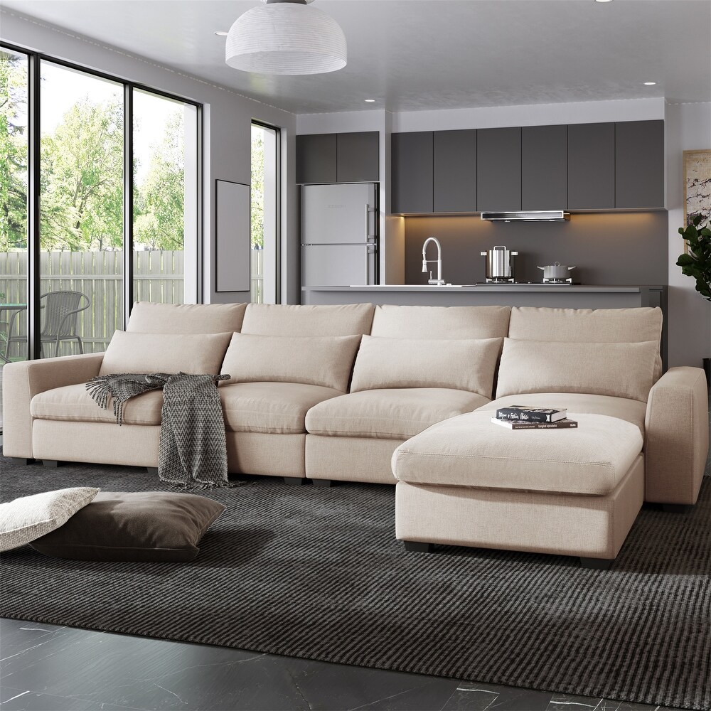 Modern Large L Shape Feather Filled Convertible Sectional Sofa