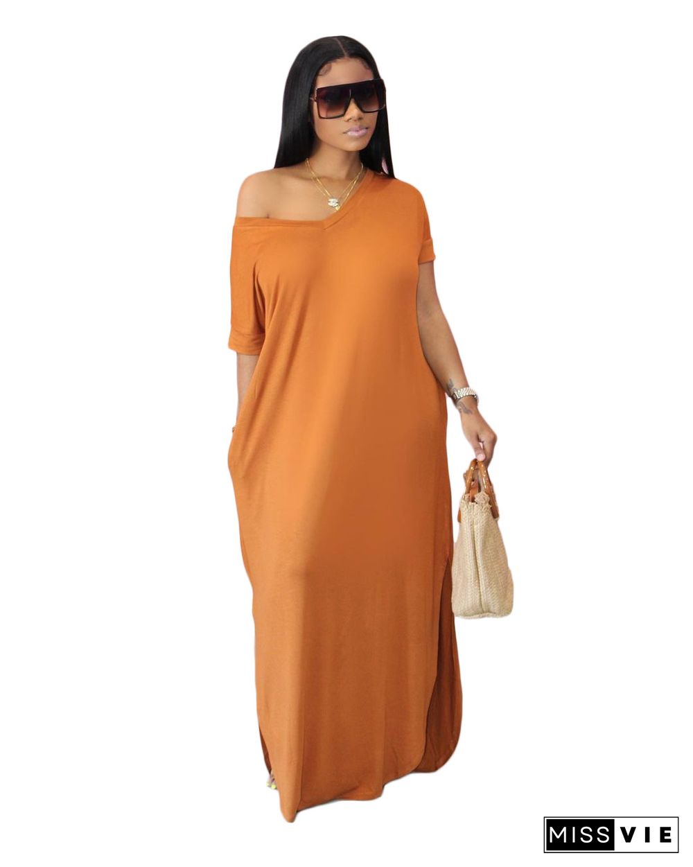 Summer Casual Women V-neck Solid Color Short Sleeve Loose Fitting Floor Length Dress