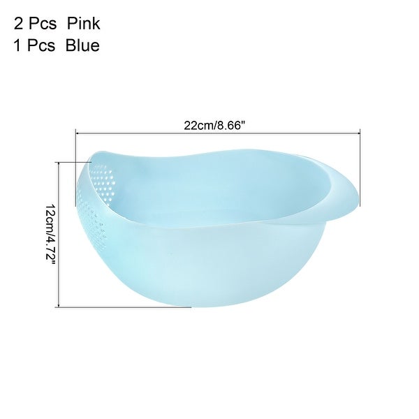 3pcs Kitchen Rice Drain Bowl Fruit Washing Basket with Handle-Blue+Pink - Blue+Pink