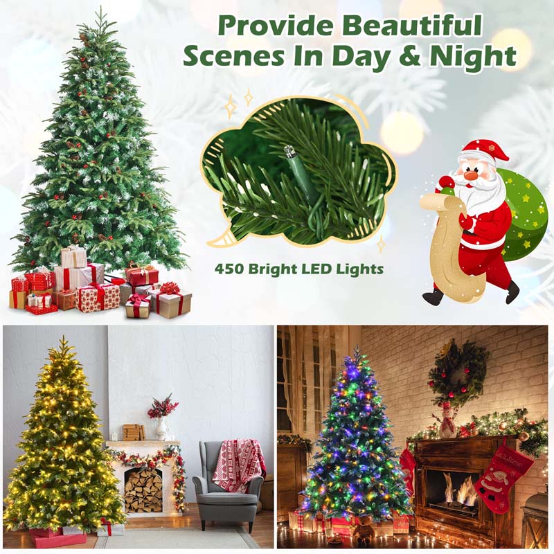 5/6/7/9FT Snowy Leaves Pre-Lit Hinged Artificial Christmas Tree with 11 Flash Modes & Multi-Color Lights