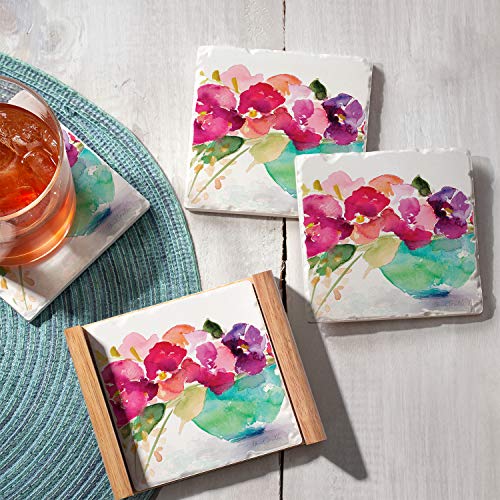 CounterArt Bowl Of Blooms Single Image Absorbent Stone Coaster Set of 4 in Wooden Holder