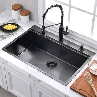 YASINU Stainless Steel 33 in. 2-Hole Single Bowl Drop-In Kitchen Sink with Bottom Grid and Basket Strainer YNSB322MB