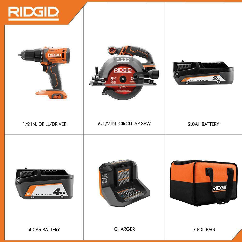 RIDGID 18V Cordless 12 in. DrillDriver and 6-12 in. Circular Saw Combo Kit with 2.0 Ah and 4.0 Ah Battery Charger and Bag R9207