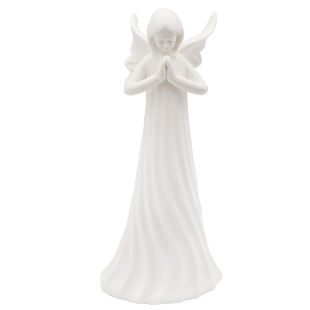 Auldhome Design White Ceramic Praying Angel Figurine Standing Guardian Angel Statue 9in