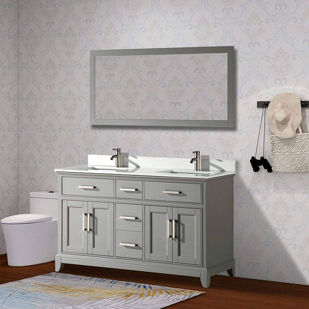 Vanity Art Genoa 60 in. W x 22 in. D x 36 in. H Bath Vanity in Grey with Engineered Marble Top in White with Basin and Mirror VA1060-DG