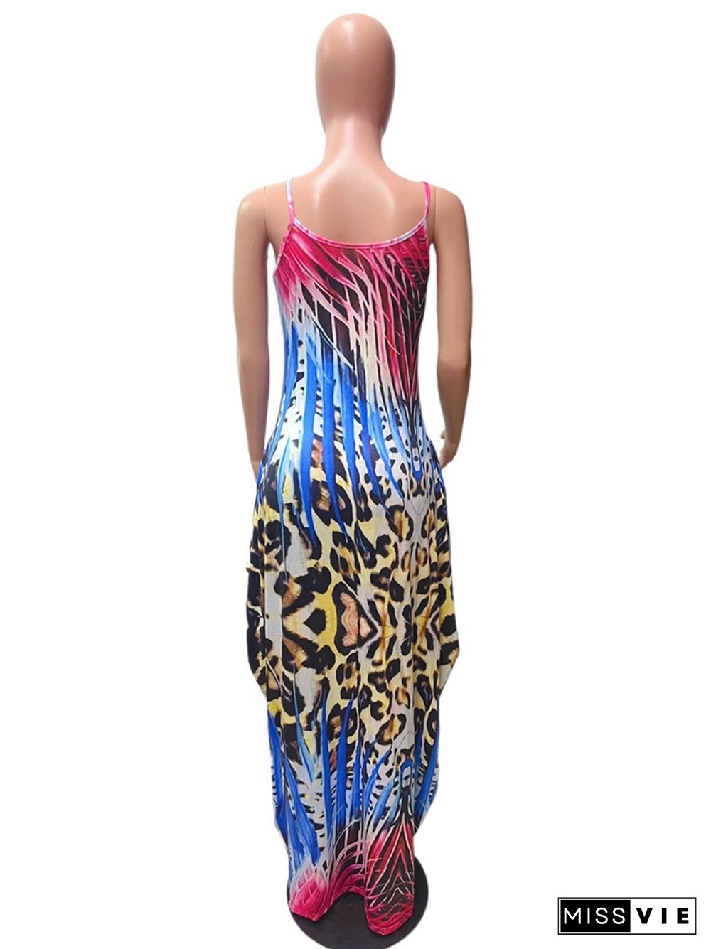 Loose Sleeveless Print with Pocket Floor Length Dresses