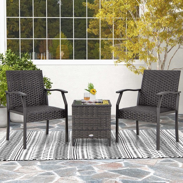 Costway 3 Pcs Patio Conversation Set Wicker Chair Tempered Glass Table Cushioned Seat Quick Dry Foam